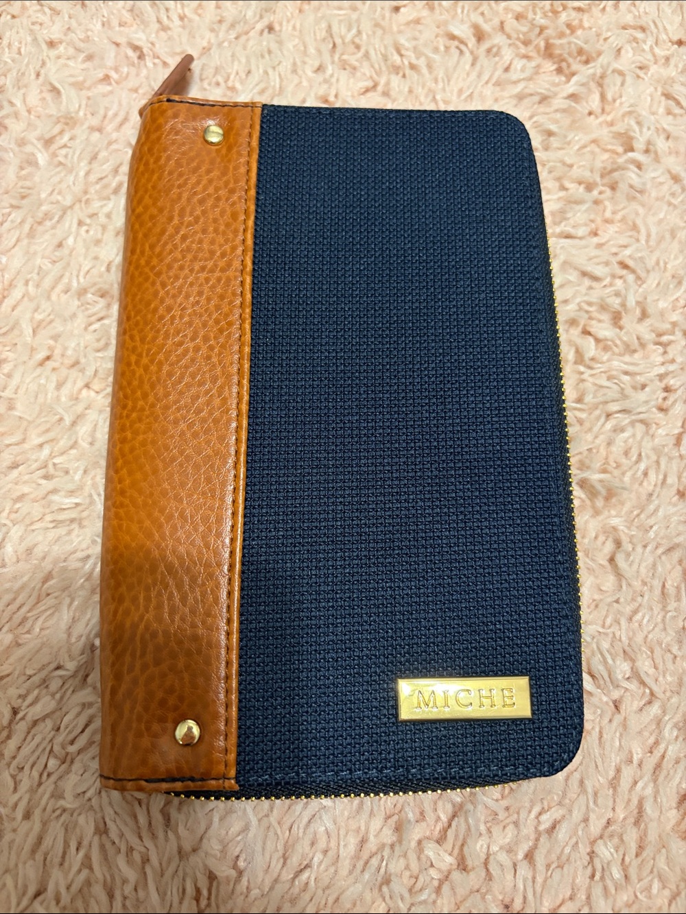 Miche Zip Around Organizer Wallet Denim Blue Cognac Tan Gold Hardware EUC